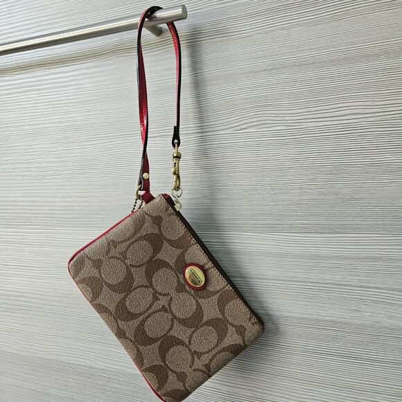 Coach Peyton Signature Brown & Pink Wristlet Gold Logo Card Holder Wallet Pouch - Picture 7 of 15